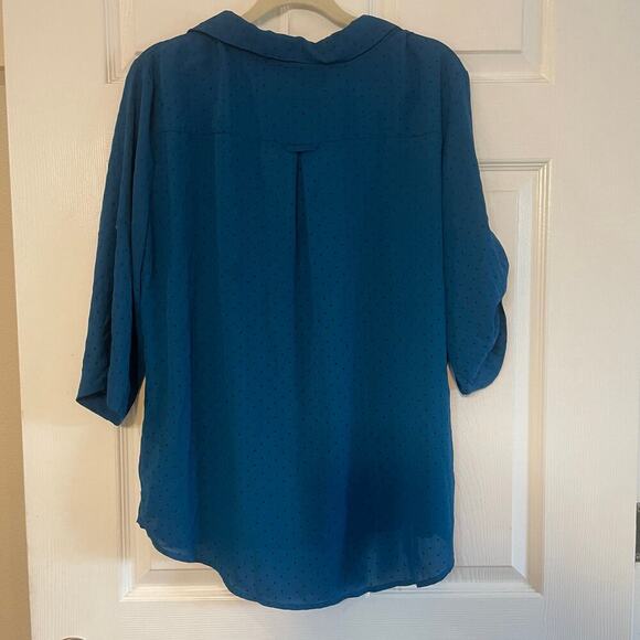 New York and Company Womens Blouse Teal Micro Polka Dot Collared Size XL - Picture 2 of 12
